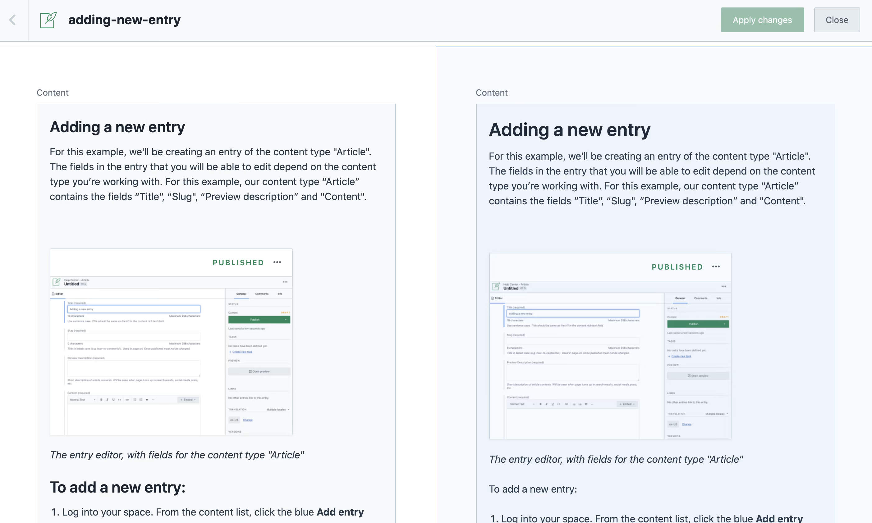 Contentful uses a side-by-side view to compare two versions