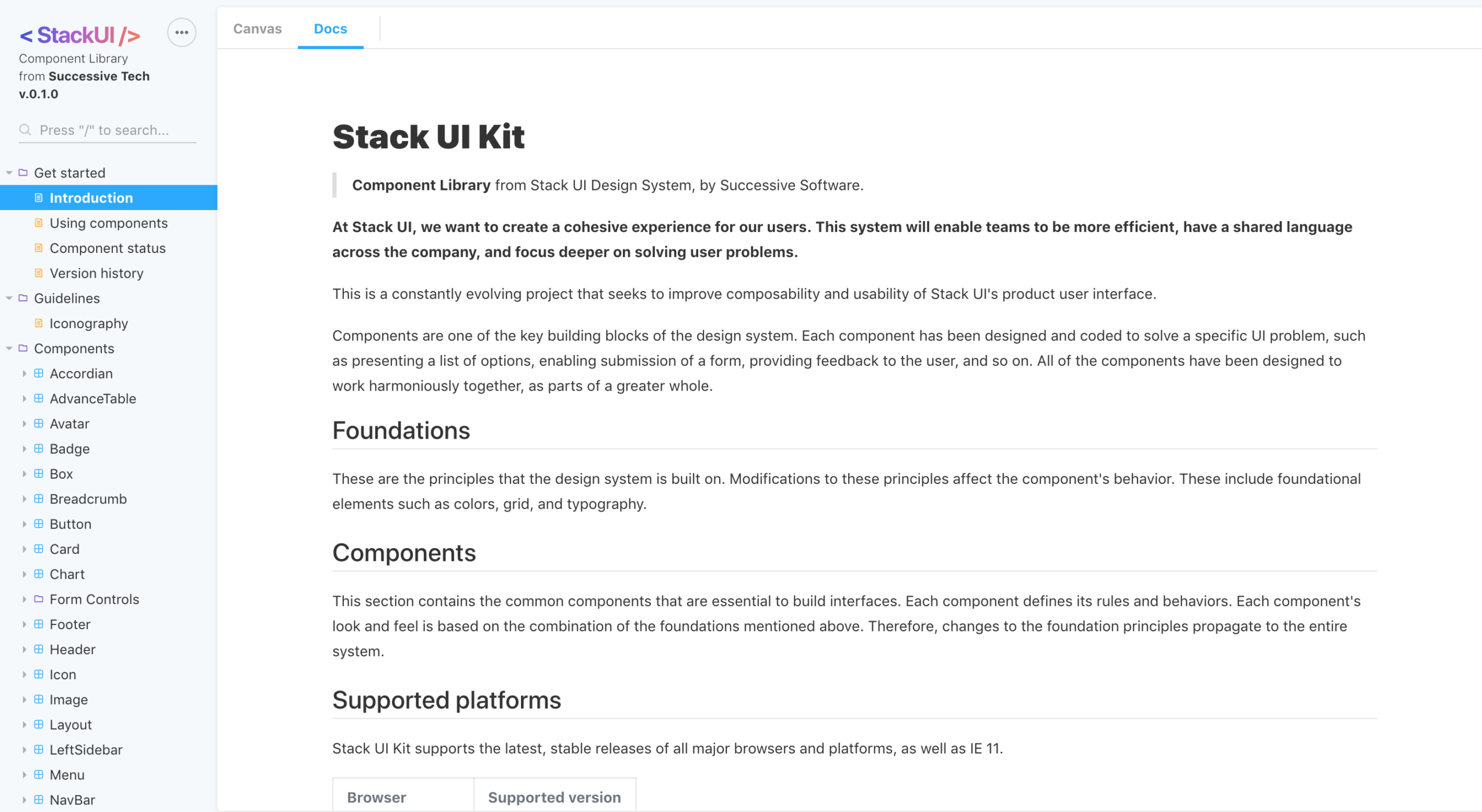 Documentation is available for each component of the Stack UI library